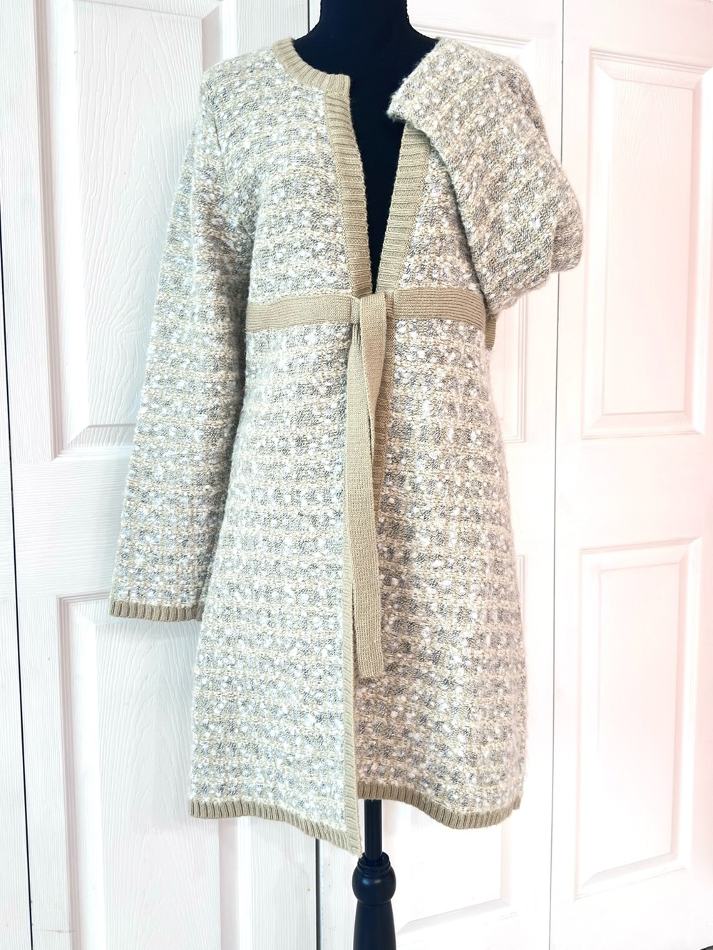 Beige/Gray/Cream Knit/Wool Long Open Front Cardigan with Attached Tie Belt - Picture 11 of 12